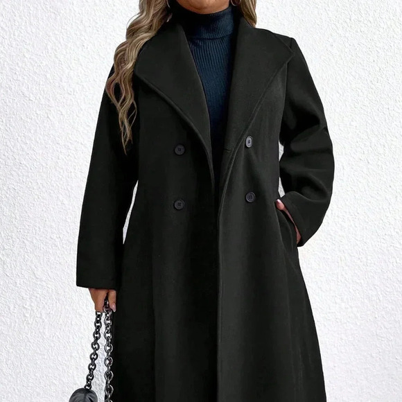 Black Casual Women's Plus Size Plain Double Breasted Pocket Long Sleeve Overcoat - Picture 6 of 6